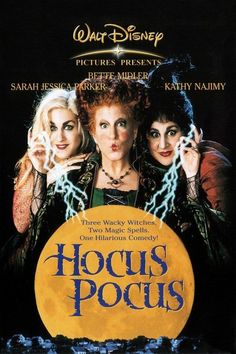 hoccus pocus movie poster with three women in costume and one man holding his hands up