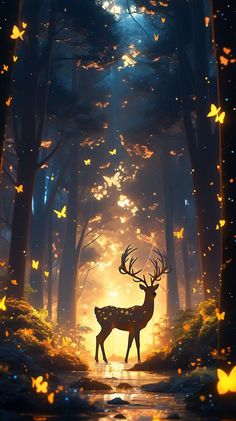 a deer standing in the middle of a forest with butterflies flying around it's head