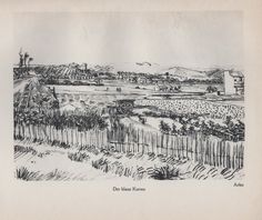 an ink drawing of a rural landscape with mountains in the background