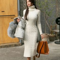 Winter Midi-length Sweater Dress, Non-stretch Long Sweater Dress For Winter, Beige Turtleneck Winter Dress, Beige Turtleneck Dress For Winter, Winter Beige Turtleneck Dress, Long Winter Sweater Dress, Winter Ribbed Knee-length Midi Dress, Beige Turtleneck Sweater Dress For Winter, Knee-length Cable Knit Winter Dress