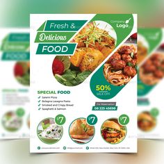 a restaurant flyer with different food items on the front and back side, including brochures