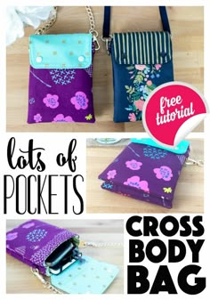 cross body bag pattern with instructions to make it in two different colors and sizes, including purple