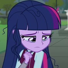 a cartoon girl with long blue hair and purple eyes is looking at something in the distance