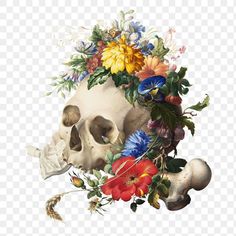 a skull with flowers on it's head is shown in the middle of this image