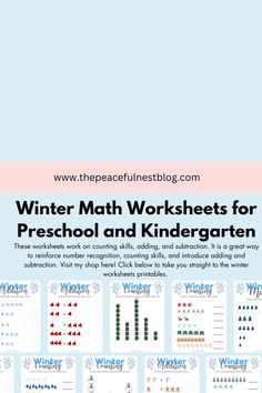 the winter math worksheets for preschool and kindergarten is shown in blue