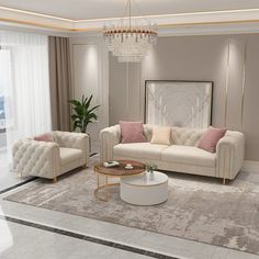 a living room filled with furniture and a chandelier