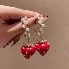 Watches&Jewelry · KOSMUI · Online Store Powered by Storenvy Pearl Long Earrings, Big Strawberry, Strawberry Earrings, Long Pearl Earrings, Strawberry Dress, Fruit Jewelry, Daily Hairstyles, Red Strawberry, Big Earrings