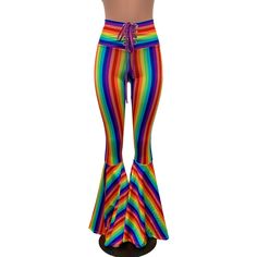 "**Due to SO MANY issues with USPS - we STRONGLY ENCOURAGE you to purchase the UPS Upgrade with your order located here: https://www.etsy.com/listing/926751536/ups-upgrade Funky and bold spandex high waisted bell bottoms in rainbow stripe with purple sparkle lace-up ties. These bell bottoms will fit you perfectly. They hug your hips and flare out at the feet. The standard inseam is 35\" (the mannequin is 5'8\") but can be customized by putting your desired inseam in the comments/notes when check Multicolor Full Length Pants, Trendy Multicolor Flare Pants, Trendy Multicolor Flare Bottoms, Fitted Multicolor High-waisted Wide Leg Pants, Multicolor Stretch Flare Pants, Multicolor Party Trousers, Fitted High Waist Multicolor Wide Leg Pants, Wide Leg Multicolor Pants For Party, Retro Multicolor Wide Leg Bottoms