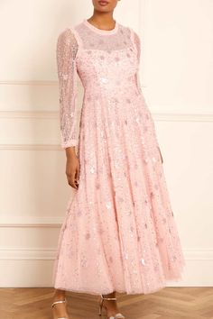 Shooting Stars Long Sleeve Ankle Gown – Pink | Needle & Thread Extravagant Costumes, Celestial Motifs, Romantic Gown, Gown Pink, Net Fabric, Needle Thread, Layered Skirt, Shooting Stars, Early 1900s