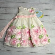 New With Tags American Princess Special Occasion Party Dress With Floral Roses Sleeveless 100% Polyester Machine Wash Spring Summer Wedding Flower Girl Easter Church Toddler Girl Size 2t This Special Occasion Dress Is Ivory With Pink Roses And Green Leaves. It Has A Back Zipper With Sash Tie. The Skirt Is Layered With A Slip And Tulle Ruffle. It Is Absolutely Gorgeous And Is Brand New With Tags. Sleeveless Floral Applique Dress For Birthday, Sleeveless Dress With Floral Applique For Birthday, Spring Birthday Dress With Floral Applique, Spring Sleeveless Princess Dress For Birthday, Sleeveless Princess Dress For Spring Birthday, Sleeveless Spring Princess Dress For Birthday, Spring Floral Applique Princess Dress For Garden Party, Cream Birthday Dress For Spring, Cream Dress For Spring Birthday