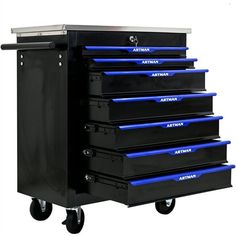 a black and blue toolbox with six drawers on it's wheels is shown