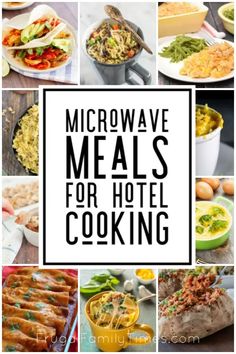 the words microwave meals for hotel cooking are overlaid by images of different dishes and ingredients