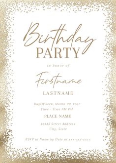 a birthday party card with gold glitter on the edges and a white square frame in the middle