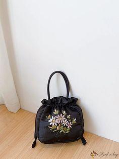 BirdinBag - Womens Top Handle Embroidered Bucket Bag: Small, Summer Purse with National Style Floral Design Black Bags With Floral Embroidery For Spring, Embroidered Black Summer Bags, Black Embroidered Bags For Summer, Embroidered Bucket Bag For Daily Use, Embroidered Pouch Bag For Spring, Spring Embroidered Pouch Shoulder Bag, Spring Embroidered Shoulder Bag For Gift, Spring Embroidered Pouch Bag, Black Bags For Spring Gifts