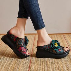 Ethnic Style Printed Retro Fish Toe Wedge Slippers – Retrosia Wedge Slippers, Black Camel, Skirt And Blouse, Ethnic Style, Bag Dress, Peep Toe Heels, Ethnic Fashion, Sliders, Loafer Flats