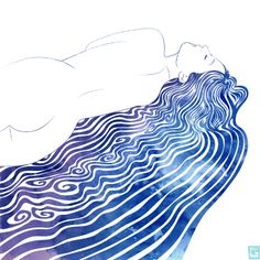 a drawing of a woman laying on top of a wave in blue and white colors