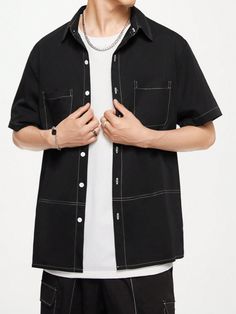 Black Casual Collar Short Sleeve Polyester Plain Shirt Embellished Medium Stretch  Men Clothing Plain Shirt, Printed Sleeveless Top, Men Shirts, Mens Short Sleeve Shirt, Plain Shirts, Nice Shorts, Jacket Buttons, Kids Sleepwear, Men Clothing