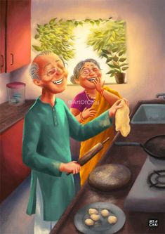 an older couple cooking in the kitchen together