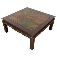 A Chinese style ebonized and gilt coffee table decorated with a pond scene on top. The table is beautifully painted with green lily pods, dragonflies and frogs. The table apron features gilt design reminiscent of Greek key motif and the notched legs end in Ming style feet Dining Table Chandelier, Green Lily, Bed Lamp, Interior Wallpaper, Bench Stool, Coffee And Cocktail Tables, A Pond, Stool Chair, Greek Key