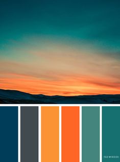 an orange and blue color palette with the sun setting in the sky behind it,