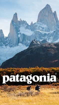 the patagonia mountains are covered in snow and brown grass, with people walking through it