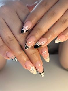 Black And Colored Nails, Nails Y2k Almond, Alomd Nails Cute, Pink And Black Nails Design, Pretty Nails Almond, Cute Almond Nails Design, Y2k Almond Nails, Nail Designs Charms, Funky French Tip Nails