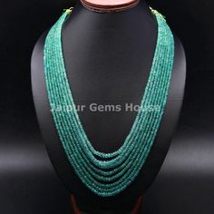 "Natural Zambian Emerald Faceted Rondelle Beads Necklace Gemstone: Zambian Emerald Quality: AAA+ Grade High Quality Shape: Rondelle Cut: Faceted Beads Size: 3 mm - 5 mm Approx. Necklace length: 16 inches (Starting strand) to 23 inches (End strand) Strands: You can choose from 2 variants 1) 5 Strands 2) 6 Strands 3) 7 Strands 4) 8 Strands In both variants, the length starts from 20 inches for the first, and all the subsequent strands will be 1 inch longer than the previous strand. In 5 strands:  1st ( The smallest or topmost one) - 16 inches 2nd: 17 inches 3rd: 18 inches 4th: 19 inches 5th: 20 inches In 6 strands:  1st ( The smallest or topmost one) - 16 inches 2nd: 17 inches 3rd: 18 inches 4th: 19 inches 5th: 20 inches 6th: 21 inches In 7 strands:  1st ( The smallest or topmost one) - 16 i Green Gemstone Beads Necklace For Wedding, Green Pearl Necklace With Gemstone Beads For Wedding, Green Gemstone Beads For Wedding, Green Gemstone Beaded Necklaces For Wedding, Emerald Necklace With Polished Round Beads For Wedding, Elegant Gemstone Beads For Wedding, Single Strand Beaded Necklace For Wedding, Wedding Single Strand Rondelle Beaded Necklace, Elegant Polished Beads Emerald Necklace For Wedding