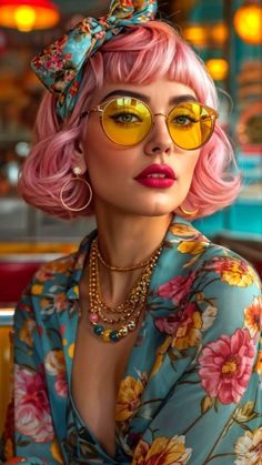 a woman with pink hair wearing yellow sunglasses