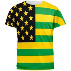 This Old Glory design is printed on a polyester, classic fitted, crew neck, short sleeve t-shirt. Featuring a Jamaican American flag design all over. The dye sublimation printing process creates slight imperfections that are unique to each garment. Cotton Crew Neck T-shirt With Flag Print, Multicolor Flag Print Casual T-shirt, Yellow Cotton Shirt With Sublimation Print, Cotton Flag Print Crew Neck T-shirt, Summer Streetwear T-shirt Made In Usa, Yellow Cotton T-shirt With Sublimation Print, Green Cotton Shirt With Sublimation Print, Yellow Custom Print T-shirt For Streetwear, Jamaica Outfits