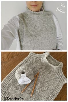 a woman wearing a gray sweater and knitting needles next to a knitted sweater with the words, free pattern on it