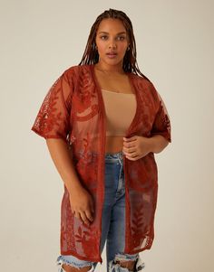 Curve Sheer Lace Cardigan Plus Size Tops Rust 1XL -2020AVE Summer V-neck Beach Cover-up Outerwear, Trendy Spring Festival Cardigan, Trendy Summer Beach Cardigan, Casual Open Front Beach Cover-up Outerwear, Trendy Open Front Cover-up For Day Out, Oversized Cardigan For Spring Festival, Spring Beach Cover-up Duster, Oversized Casual Cover-up For Festival, Oversized Casual Festival Cover-up