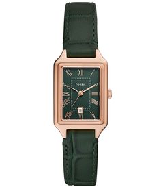 From Fossil&#x2C; this women's watch features:Rose gold tone stainless steel caseGreen leather strapGreen satin dial 2 pusher foldover clasp closureQuartz three-hand movementBand width approx. 12mmCase size approx. 23mmCase thickness approx. 6.9mmInner Circumference: 185 /- 5mmWater Resistance: 5 ATM2-year limited warrantyImported. Green Leather Strap Watch For Formal Occasions, Green Watch With Leather Strap For Formal Occasions, Formal Green Watch With Leather Strap, Elegant Green Chronograph Watch, Classic Green Watch With Leather Strap, Fossil Leather Watch, Thomas Sabo Ring, Thomas Sabo Bracelet, Fossil Watches Women