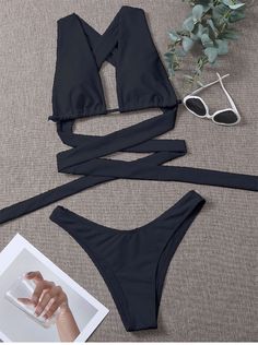 Sexy Solid Color Cut-out Lace-up Bikini Swimsuit White Swimsuit, Black Swimsuit, Chest Pad, Cut And Color, Fashion Advice, Types Of Collars, Square Neck, White Black, White And Black