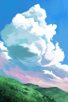 a painting of clouds in the sky over a green hill with trees and grass on it