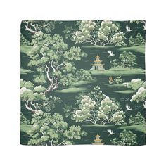 a green and white wallpaper with trees, birds and pagodas in the background