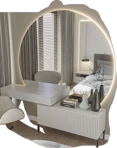 a bedroom with a bed, desk and chair in it's center circle mirror