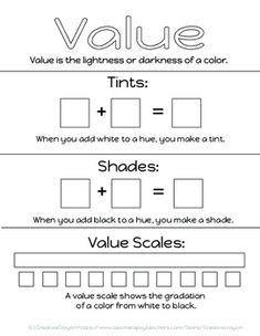 a worksheet with the words value and color on it, including two squares