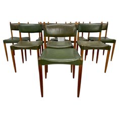 Set of 8 Dining Chairs by Anders Jensen. Teak wood frames with original green leather. Denmark, 1950’s We offer delivery to NYC for $399. Please inquire. Green Leather Dining Chairs, Mcm Dining Chairs, Green Dining Chairs, Green Wood, Leather Dining Chairs, Leather Dining, Wood Frames, Wood Chair, Leather Seat