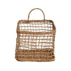 a wicker basket with handles on the front and bottom, made from natural materials