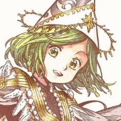 a drawing of a girl with green hair wearing a crown on her head and gold ribbon around her neck