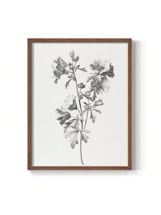 a black and white drawing of flowers in a wooden frame on the wall above it