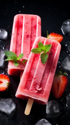 two popsicles with strawberries and mint sit on ice cubes next to each other