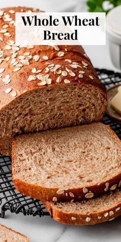 whole wheat bread sliced and sitting on a cooling rack