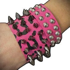 Gothic Style Clothing, Metal Spikes, Punk Princess, Pink Leopard Print, Pink Leopard, Leather Cuffs, Solid Metal, Pink And Black, Printed Leather