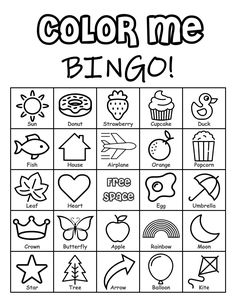 the color me bingo game is shown in black and white, with an image of different items