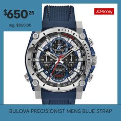 Powered by Bulova's proprietary Precisionist eight-hand quartz chronograph movement with a 262kHz vibrational frequency—eight times greater than standard timepieces—for unparalleled accuracy. Stainless steel and blue IP steel screw-back case with screw-down crown, black carbon fiber chronograph dial with date feature and red accents, curved mineral crystal, textured blue polyurethane strap with three-piece buckle closure, and 300-meter water resistance.Number of Batteries: 1Included: 1 Watch(es… Bulova Mens Watches, Bulova Watches, Mens Chronograph, Skeleton Watches, Blue Watches, Chronograph Watch Men, Skagen, Red Accents, Luxury Watches For Men