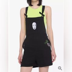 Nwot Hot Topic Studio Ghibli Spirited Away Linen-Blend Shortalls Xs Casual Black Summer Overalls, Black Cotton Overalls For Summer, Trendy Black Shortalls For Summer, Fitted Summer Overalls For Streetwear, Black Cotton Jumpsuits And Rompers For Streetwear, Black Cotton Summer Overalls, Black Cotton Shortalls For Summer, Ghibli Clothes, Black Summer Streetwear Overalls