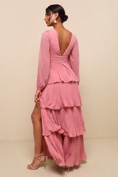 Elegance and poise come naturally with a look like the Lulus Graceful Finesse Dusty Rose Pleated Long Sleeve Maxi Dress! Lightweight woven chiffon shapes a lightly gathered bodice, a plunging V-neck (and back), and semi-sheer balloon sleeves with elastic at the cuffs. The high, banded waist tops an A-line skirt that boasts flouncy pleated tiers as it cascades down to a sweeping maxi hem. Hidden back zipper/clasp. Fit: This garment fits true to size. Length: Floor length. Size medium measures 60. Dusty Rose Maxi Dress, Pink Bridesmaid Dress, Gathered Bodice, Long Sleeve Dress Formal, Lulu Fashion, Dress Pleated, Pleated Midi Dress, Sleeve Maxi Dress, Tiered Maxi Dress