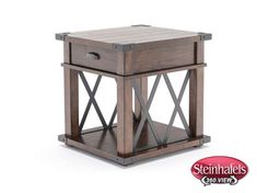 a wooden table with metal legs and a drawer on the top that has an x design