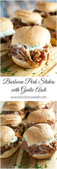 barbecue pork sliders with garlic gravy on a cutting board